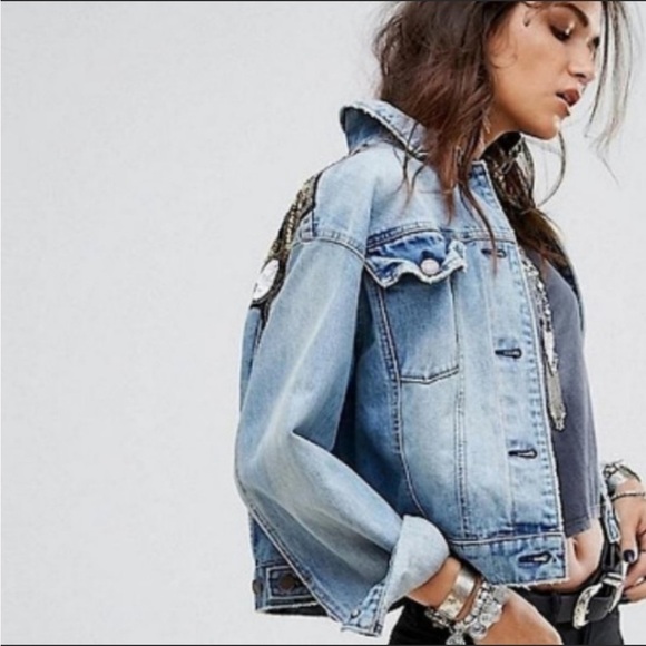 Free People Sequin Glam Denim Jacket in Indigo Blue Size Small - Picture 6 of 14
